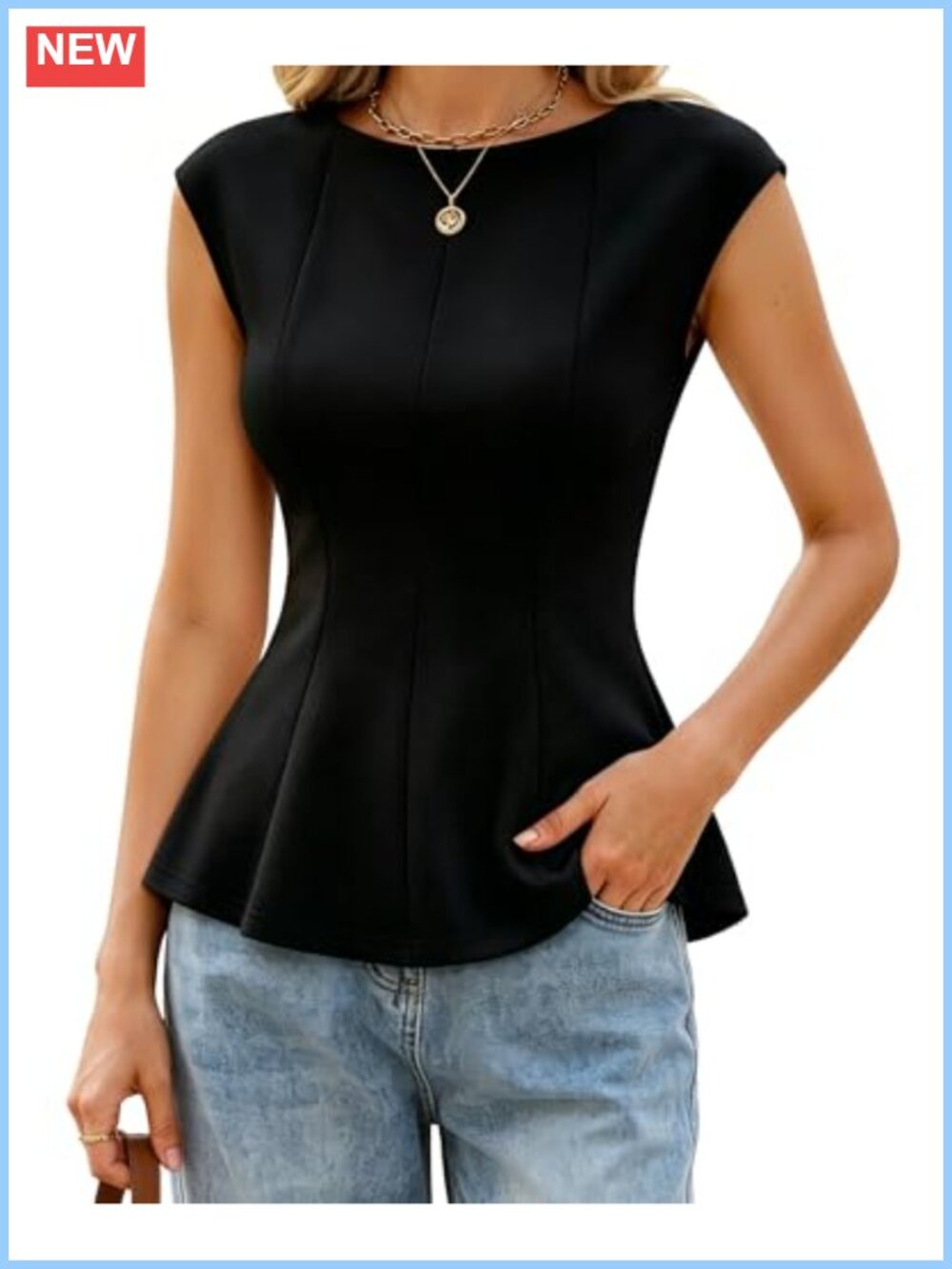 Women's Peplum Blouse Crew Neck Cap Sleeve Ruffle Hem Business Casual Work Top